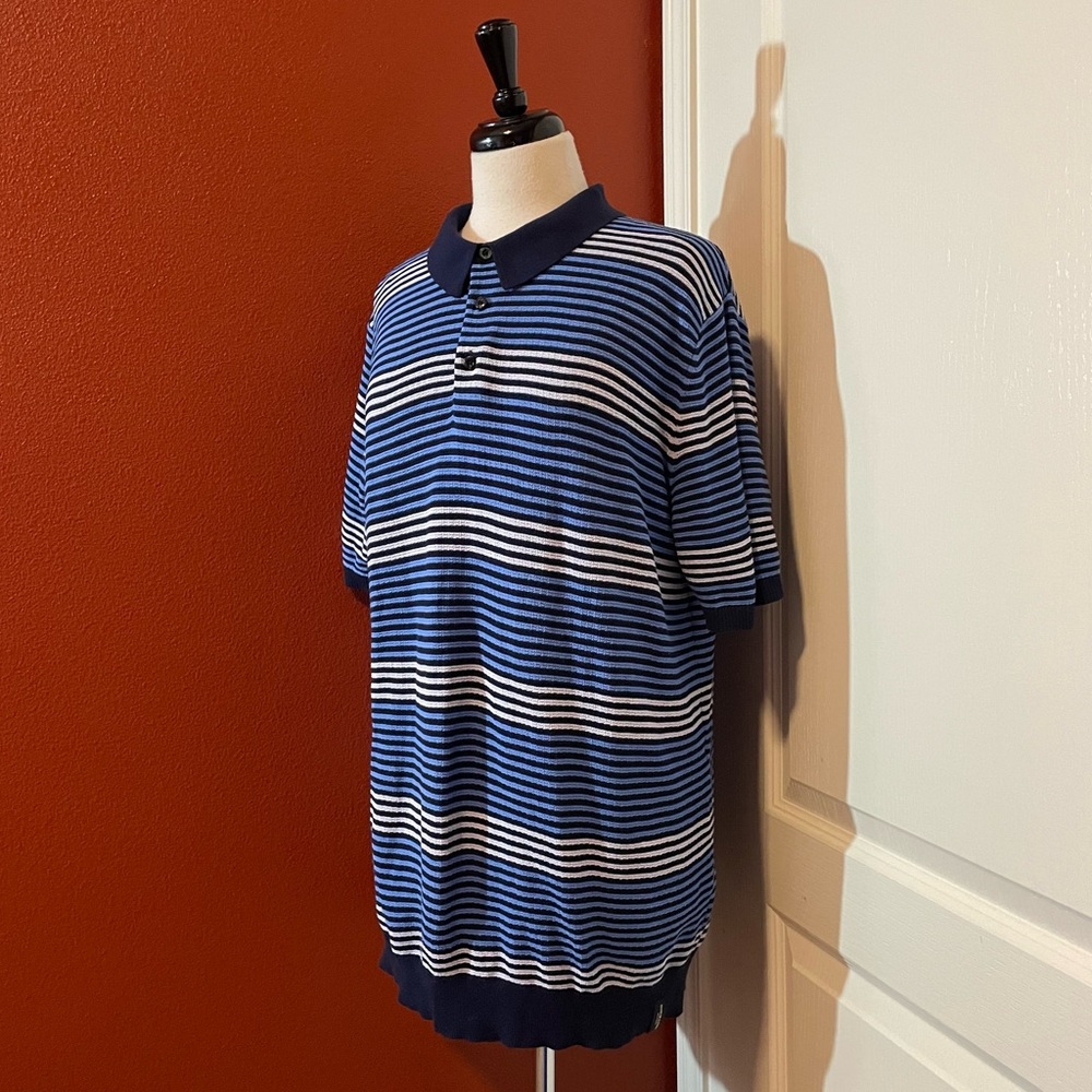 Scotch & Soda Men’s Structured Blue Textured Cotton Striped Knit Polo Shirt